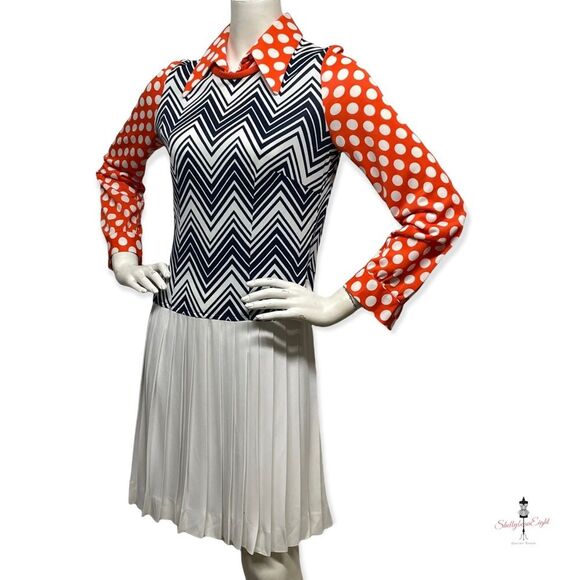 VINTAGE 1970s Fun Funky Polka Dot ZigZag Chevron Mixed Print Dress Medium 8 CuTE - Picture 11 of 14